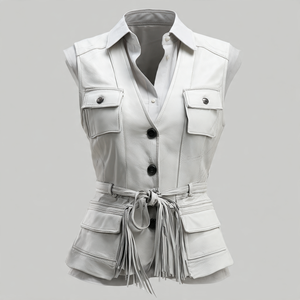 Chaleco de cuero con cremallera y bolsillo en el pecho para mujer, Top de cuero sin mangas con cuello levantado para mujer - Product Image 5