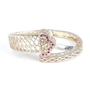925 Sterling Silver Openwork <b>Bracelet</b> with Pink Stone Rhodium Plated Heart and Flower Motif Diamond Pearl White Gold Jewelry - Product Image 1