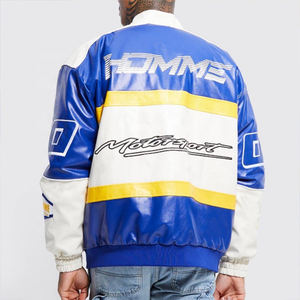 Nueva chaqueta de moto de cuero con estampado retro de color azul OEM, chaqueta de carreras de cuero con parche de logotipo OEM para hombre - Product Image 5