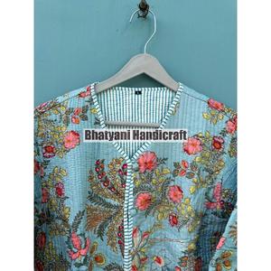 Indian Cotton Handmade Quilted Turquoise Floral <b>Short</b> Coat Unisex Jarkin Boho Reversible <b>Jacket</b> Full <b>Sleeves</b> Breathable Warm - Product Image 2