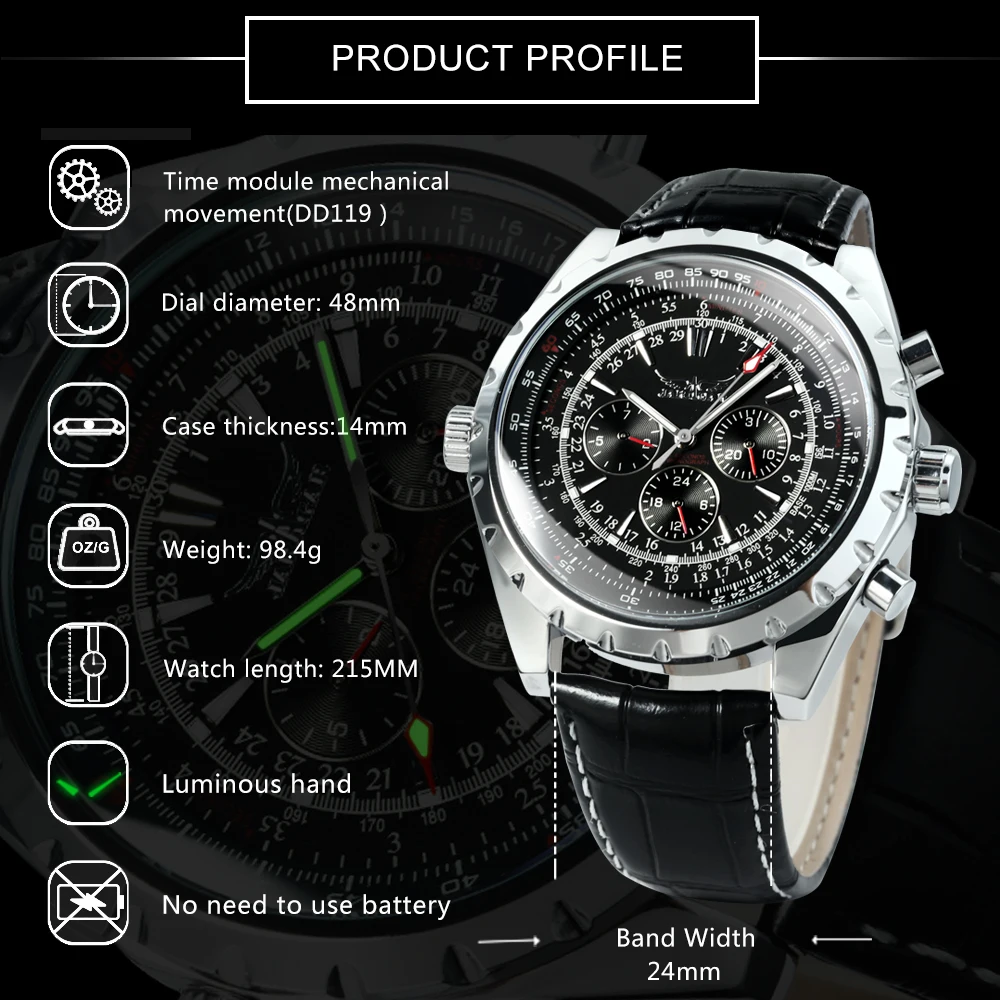 Jaragar 6905 Men Automatic Mechanical Wristwatches Military Pilot Watch Leather Strap Sport 3 Sub-dial Top Brand Luxury Relogio