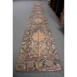 พรมตุรกีโบราณ1.7 x 12.6ft เบจขนสัตว์แฮนด์เมดพื้นที่ขนาดใหญ่งานเย็บปะดีไซน์สี่เหลี่ยมโถงทางเดินสำหรับห้องนั่งเล่น - Product Image 2