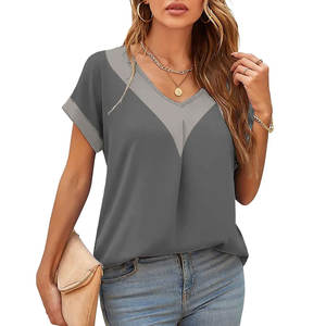 Venta caliente de las mujeres de cuello en V de manga corta Camisetas 100% de algodón transpirable estilo Casual al por mayor con la etiqueta del logotipo personalizado para el verano - Product Image 4