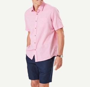 Chemise décontractée en lin rose clair pour homme, manches courtes, col rabattu, teinte unie, anti-rétrécissement, séchage rapide, durable, été - Product Image 2