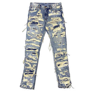 2025 automne hiver mode couleur unie déchiré Skinny Denim jean pour hommes en détresse trou Streetwear haute rue Style tricoté - Product Image 1