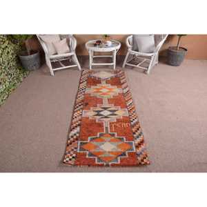 Vintage Herki <b>Runner</b> <b>Rug</b> 2.7x6.8 ft (81x206 cm), Turkish Orange Floral Wool <b>Rug</b> - Product Image 1