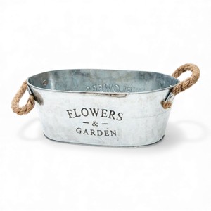Oval Galvanized <b>Metal</b> Flower <b>Tub</b> with Rope Handles For Farmhouse Indoor And Outdoor Planting - Product Image 1