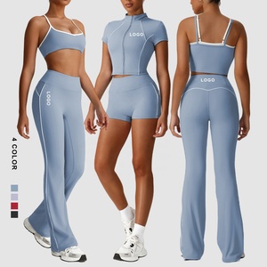 Conjunto de Yoga para Mujer de 2 Piezas, Color Sólido, Leggings de Cintura Alta, Top Corto con Tirantes Finos, Cierre de Cremallera, Ropa Deportiva Azul - Product Image 1