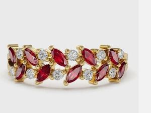 Anillo de Oro Puro de 14K con Rubí Natural Talla Marquesa y Diamantes Talla Redonda, Dos Hileras, para Regalo de Aniversario, Piedra de Nacimiento de Julio - Product Image 2
