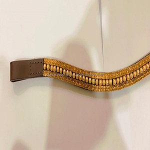 Dernière conception meilleure vente 3 rangées de cristaux dorés et de perles strass bling de styliste fait à la main en cuir marron bande de sourcil de cheval - Product Image 5
