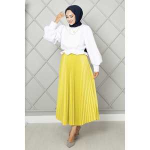 <b>Elastic</b> Waist Midi <b>Skirt</b> Fluorescent Yellow Satin and Spandex Breathable Soft with Pleats Digital Printed Plain Sweet Style - Product Image 3