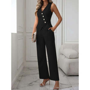 Conjunto de Dos Piezas para Mujer de Jane: Chaleco de Satén sin Mangas con Cuello en V Cruzado y Botones Delanteros y Pantalones Ajustados para Ocasiones Elegantes - Product Image 1
