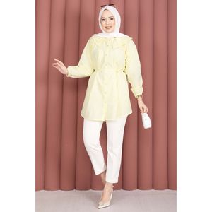 Double Collar Modest <b>Tops</b> Yellow Hijab Shirt with Drawstring Waist - Product Image 1
