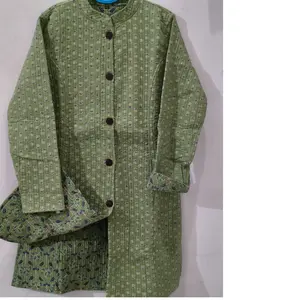 custom made green color block printed kantha quilted jacket with lining ideal for resale by women's wear stores