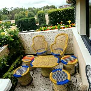 Trendy Modern 2-Sofa <b>Chair</b> Set <b>4</b> Ottomans Center Table Indoor Outdoor Garden Living <b>Room</b> Wicker Bamboo Made Scandinavian <b>Dining</b> - Product Image 3