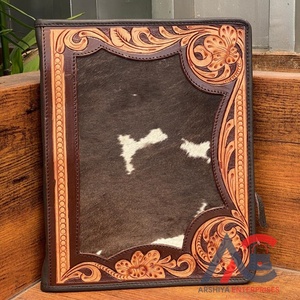 A4 Business Padfolio Hand Tooled Leather <b>File</b> <b>Organizer</b> Portfolio Document Folder Multipocket Conference Folder with Ring Binder - Product Image 1