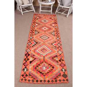 Turkish 3x9.7 ft <b>Rug</b>, <b>Runner</b> Vintage <b>Rug</b>, Orange Brown Ikat Wool <b>Rug</b> - Product Image 1