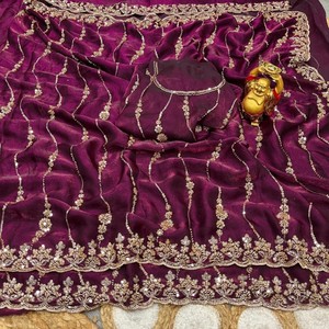 Sari Glamoroso y Brillante con Cuentas Doradas Originales, Lentejuelas Cutdana, Trabajo de Cuentas Doradas Pesadas, Blusa para Bodas y Fiestas para Mujer - Product Image 2