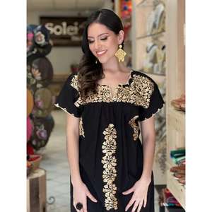 เดรสผู้หญิงสีดำปักลายสไตล์โบฮีเมียน แขนสั้น ผ้าฝ้าย ความยาวปานกลาง สำหรับขายส่ง - Product Image 2