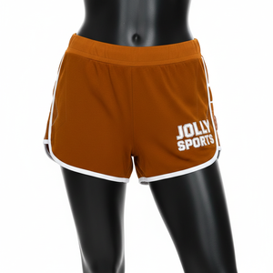 Shorts de poliéster y spandex premium para mujer, color naranja con ribetes blancos, paneles laterales de malla, logotipo personalizado con serigrafía. Shorts para mujer. - Product Image 1