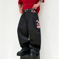 Jeans vintage noirs délavés pour hommes, coupe large, style streetwear, pantalon baggy avec broderies