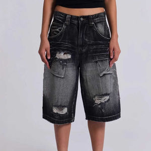 Pantalones Cortos Vaqueros Distressed de Mezclilla para Hombre, Estilo Casual Urbano, Largos hasta la Rodilla, con Agujeros, Cremalleras y Diamantes, Modelo Baggy2026 OEM - Product Image 1