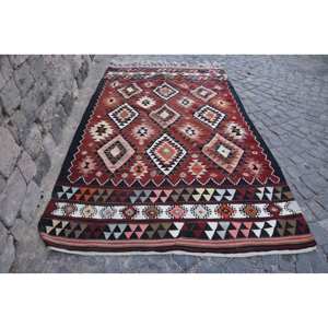 พรมสไตล์ตุรกีโบราณดีไซน์ปะต่อสีแดงสีดำ5.6x9.4ft สไตล์คลาสสิกทำด้วยมือผ้าขนสัตว์ทำมือสไตล์คลาสสิก - Product Image 1