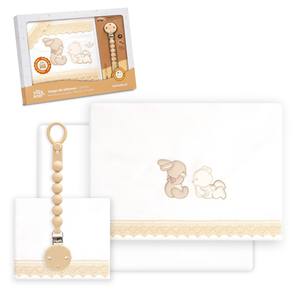 Juego de Ropa de Cama de Estilo Clásico de 3 Piezas con Soporte para Chupón, 100% Algodón, Técnica de Tejido, Patrón de Personajes - Modelo Oso-conejito - Product Image 1