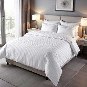 Housse de couette en polycoton de qualité supérieure 4040s 250T lavable 210cm X 230cm avec larges rayures en satin et bordure à ourlet français sur mesure - Product Image 4