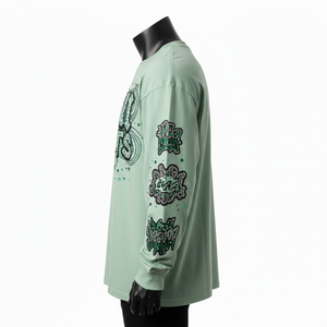 Camiseta de manga larga de algodón premium, color verde salvia, suave, transpirable, con pedrería termoadhesiva, logotipo personalizado, camiseta para hombre - Product Image 3