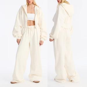 เสื้อฮู้ดดี้ผู้หญิงยอดนิยม เสื้อครอปท็อปแบบสั่งทำ เสื้อฮู้ดดี้ กางเกงวอร์ม ผ้าฝ้าย 100% สำหรับฤดูหนาว ล้างสีแบบ Acid Wash ซิป สตรีทแวร์ ทรงหลวมไหล่ตก - Product Image 6