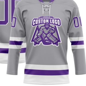 OEM fabricación personalizada al por mayor gris púrpura-blanco de alta calidad de encaje de hockey jersey de cuello - Product Image 6