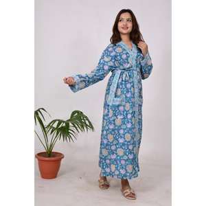 Kimono de algodón ligero Bata Bloque de mano Impreso Floral Albornoz de verano con cintura natural de longitud completa - Product Image 3