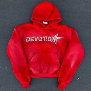 2025 venta al por mayor OEM invierno recortado crudo dobladillo Sudadera con capucha personalizado francés Terry DTG impresión diamantes de imitación Unisex 100% algodón Azul Rojo - Product Image 2