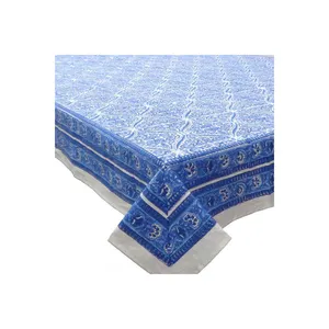 桌布蓝色手块印花刺绣100% 棉桌布优雅设计棉桌布待售