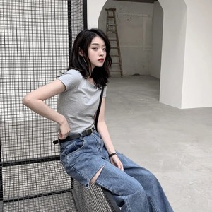 T-shirt à manches courtes et col en O pour femme, haut court sexy, vêtements coréens, 9 couleurs - Product Image 6