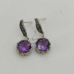 925 Sterling <b>Silver</b> <b>Dangle</b> <b>Earrings</b> with Natural Amethyst Gemstone Handmade Classic Style Jewelry for February Birthstone - Product Image 1