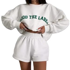 Conjunto de 2 Piezas de Sudadera con Capucha y Pantalones Cortos de Punto para Mujer, Estilo Hip Hop Informal, Color Sólido, Invierno, con Estampado - Product Image 1