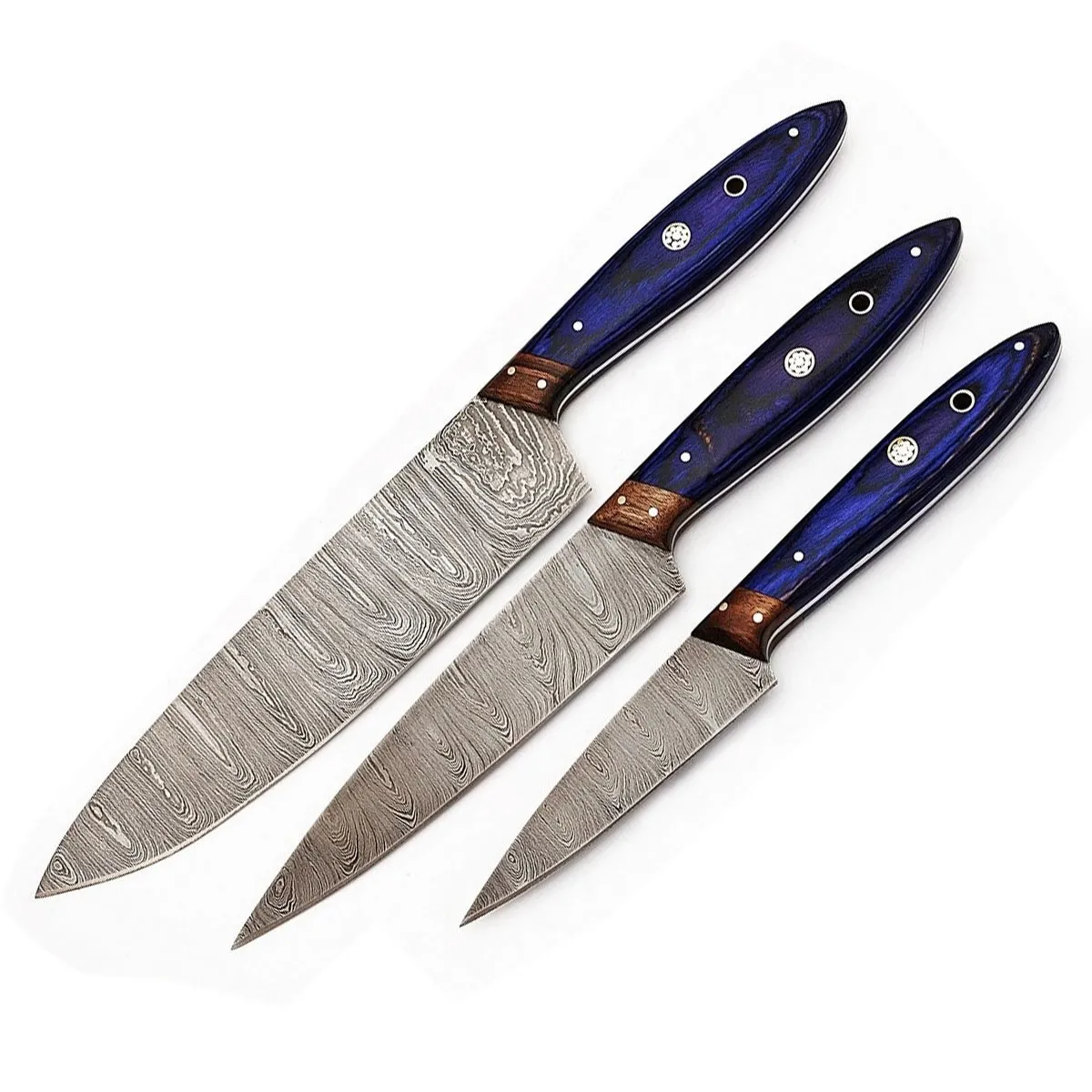 Top 3PCS Popular Sold Laser Damascus Pattern Ash Wood Handle Damascus Stainless Steel Kitchen Chef Knife Set With Leather Roll