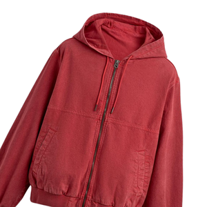 Sweat-shirt à capuche vintage rouge unisexe en coton molletonné, vêtement d'extérieur décontracté, style streetwear d'hiver, fermeture éclair intégrale, vente en gros - Product Image 3