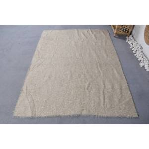 Alfombra turca Vintage moderna de 4,4X5,7 pies, diseño clásico de retazos Beige, lana hecha a mano, piel de conejo sintética, látex, pasillo rectangular - Product Image 1
