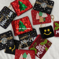 Dompet Koin Kanvas Natal Merah dengan Manik-Manik dan Ritsleting, Tas Penyimpanan Mini Bergaya untuk Liburan, untuk Wanita, untuk Koin dan Kartu