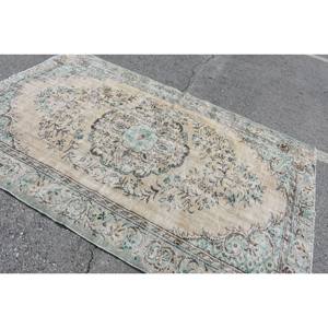 พรมตุรกีโบราณคลาสสิกขนาด5.5x8.3ฟุตสีเบจเย็บปะติดปะต่อกันสีน้ำเงินพรมห้องนั่งเล่นผ้าขนสัตว์ยางรองสี่เหลี่ยมผืนผ้าโถงทางเดิน - Product Image 4