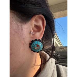 Zuni Handmade Multi-Stone & Sterling Silver Inlaid Sunface <b>Post</b> Earrings Cultural Collectible Jewelry - Product Image 2