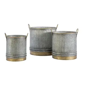 New Design Wholesale prices Metal Galvanized Grey Round Planter with Gold Trim (Set of 3) For Outdoor Garden Lawn Backyard Decor