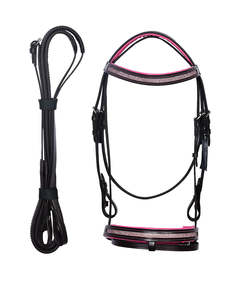 Brida de cuero genuino negro para caballo con frenteal y correa de nariz acolchados en rosa y riendas a juego, conjunto de brida de equitación inglesa ajustable. - Product Image 1
