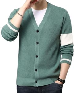 Mint Green White Striped Sleeve V Neck Knitted Cardigan Sweater With Button Closure Soft Cotton Touch <b>Fabric</b> Casual Style - Product Image 1
