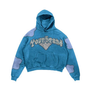 Sweat à capuche court personnalisé 100% coton 400 Gsm pour hommes ourlet brut sérigraphie surdimensionnée en détresse délavé à l'acide sweat à capuche Boxy avec strass - Product Image 1