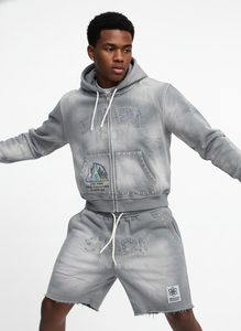 Custom Mens gray Acid Wash zip up Hoodie Shorts Tracksuit <b>Set</b> rhinestone Streetwear Heavyweight OEM Private Label B2B Maker - Product Image 3