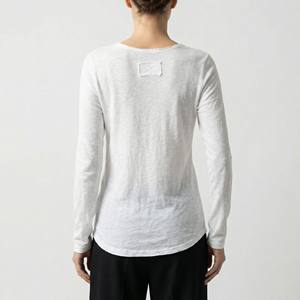 T-shirt da donna semplice, casual, traspirante, a tinta unita, con scollo rotondo e maniche lunghe, 100% cotone, primavera/estate - Product Image 2